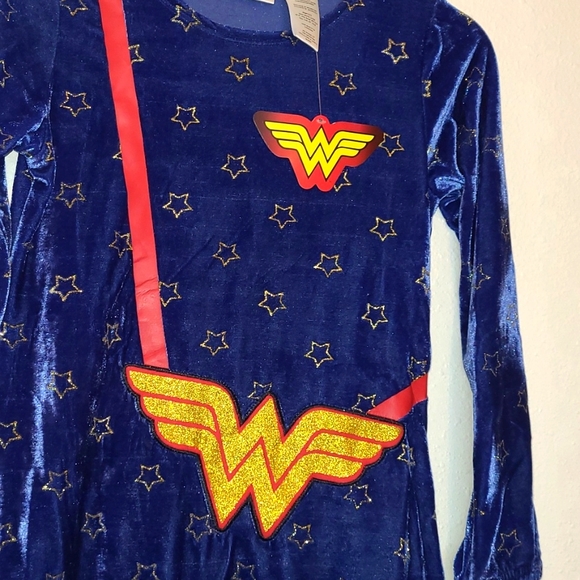 NWT WonderWoman Velour Blue Gold/Red Glitter Embroidered Logo Dress Girl Sz 6/6X - Picture 7 of 12